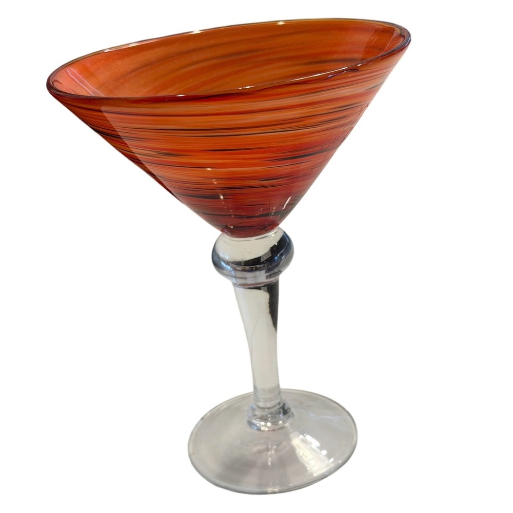Vintage Pier 1 Imports Hand-Blown Red & Orange Swirl Martini Glass